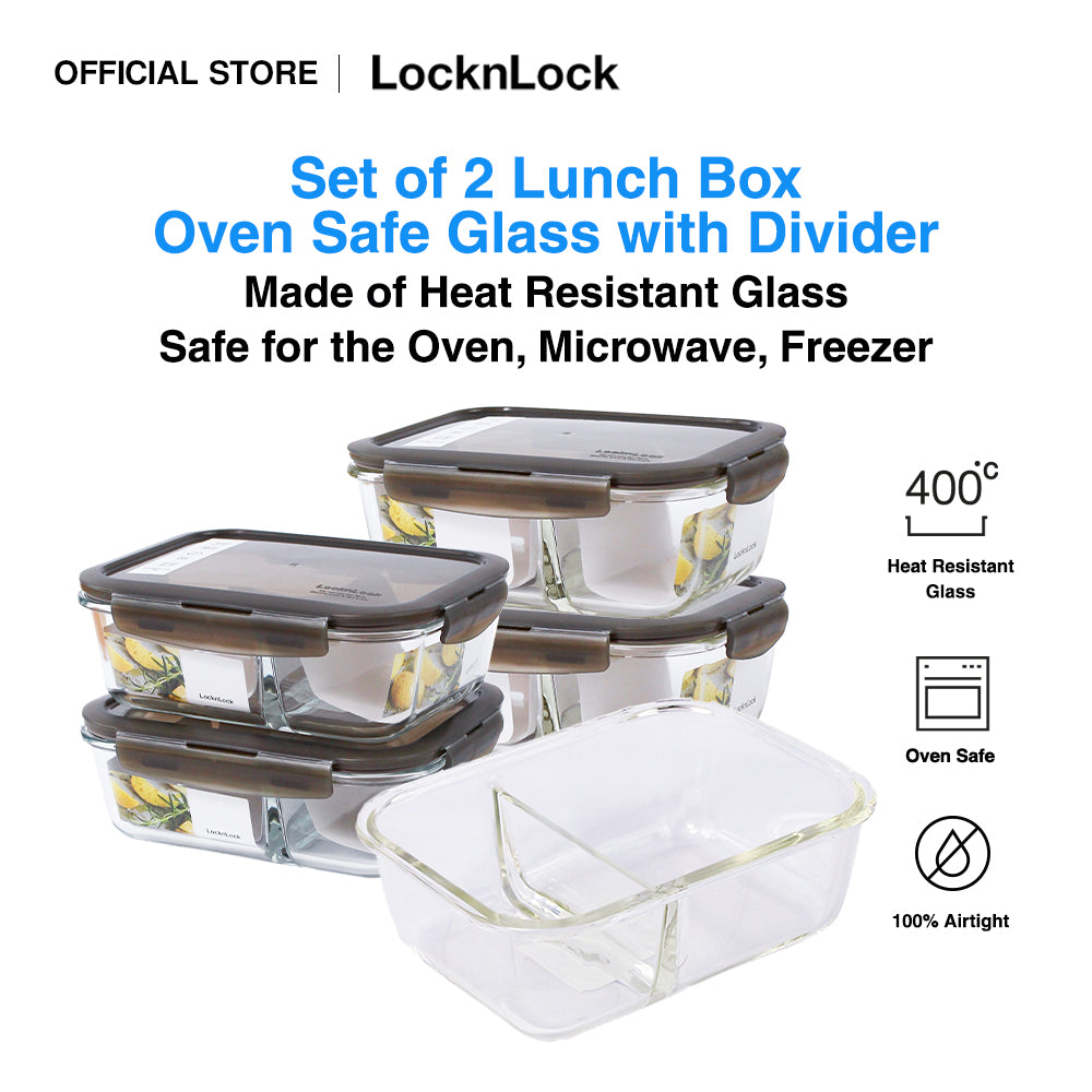 LocknLock Set of 2 Oven Glass Airtight Lunch Box with Divider