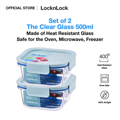 LocknLock Set of 2 The Clear Glass 500ml (Square) Airtight, Oven-Safe Glass