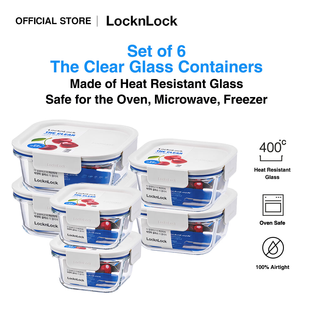 LocknLock Set of 6 The Clear Glass (Square) Airtight Oven Glass Containers