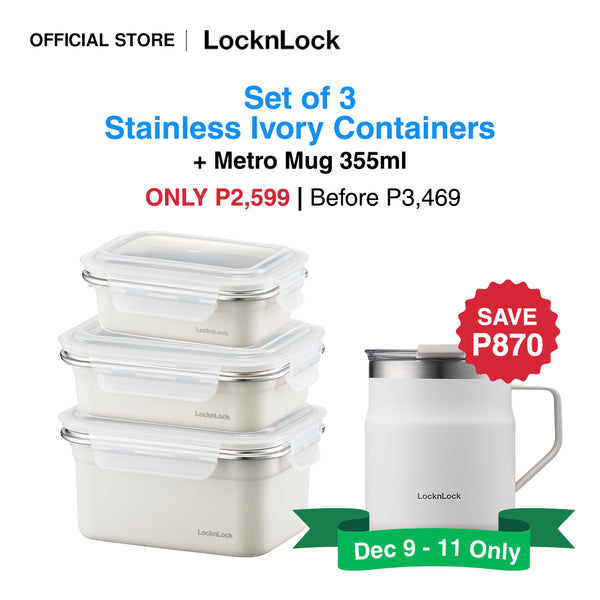 LocknLock Set of 3 Stainless Ivory Container with Metro Mug 355ml (Holiday Bundle)