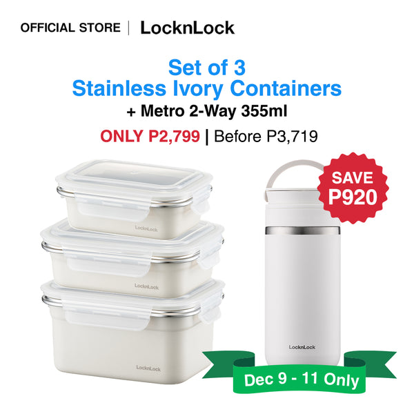 LocknLock Set of 3 Stainless Ivory Container with Metro 2-Way 355ml (Holiday Bundle)
