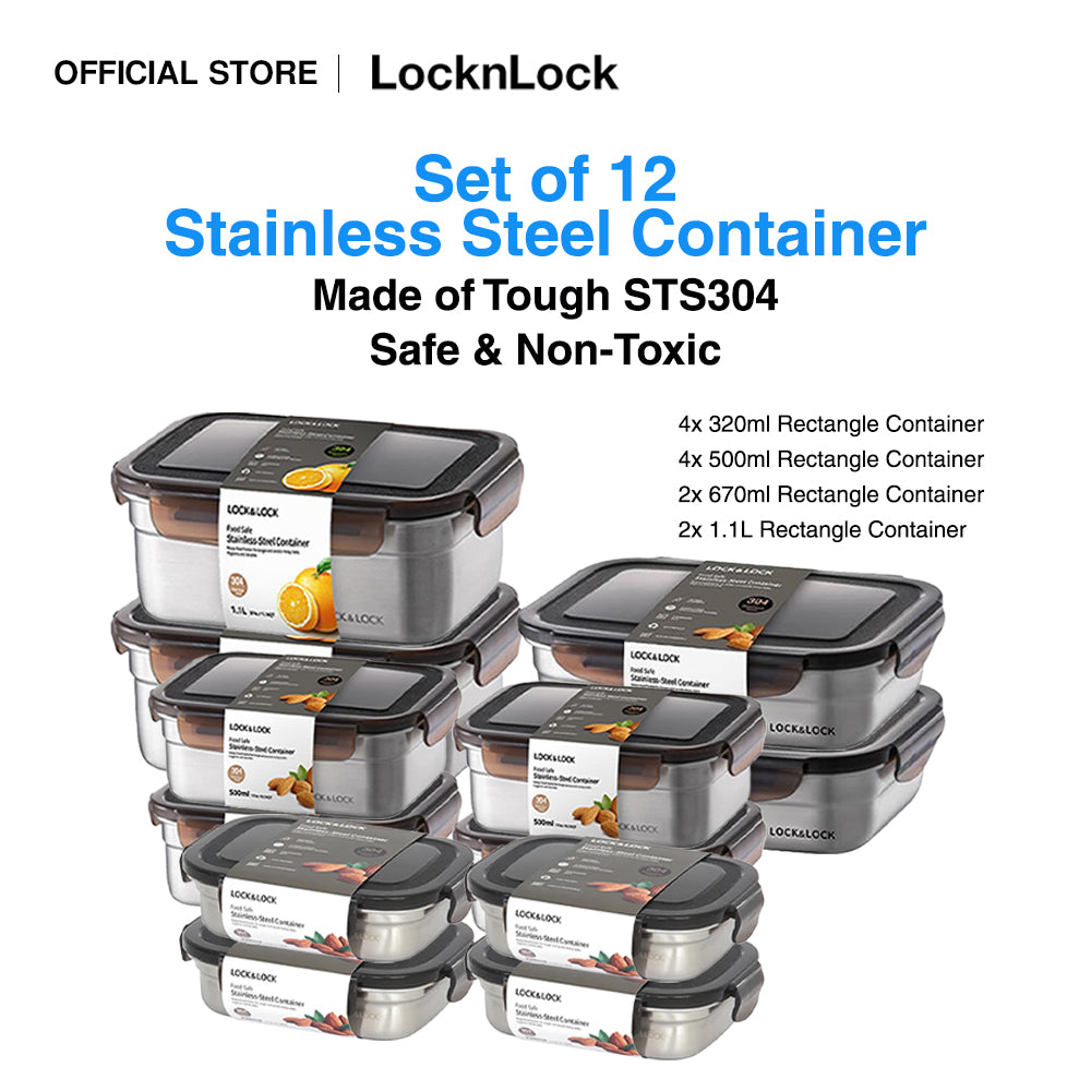 LocknLock Set of 12 Stainless Steel Food Containers | Airtight, Leak-proof, Non-toxic