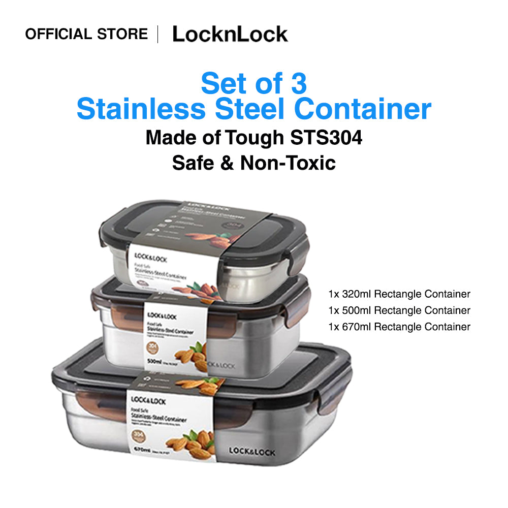 LocknLock Set of 3 Stainless Steel Food Containers | Airtight, Leak-proof, Non-toxic