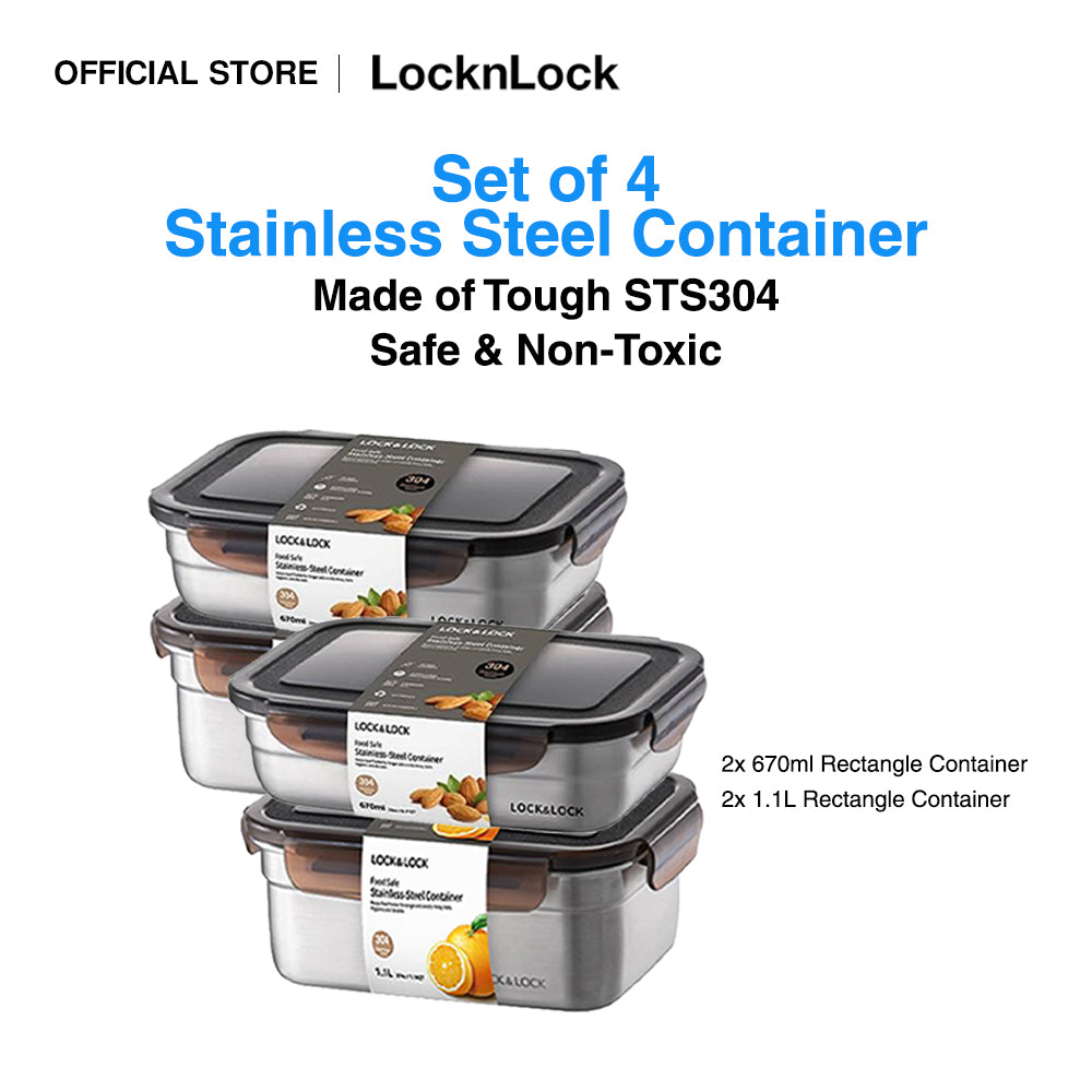 LocknLock Set of 4 Stainless Steel Food Containers | Airtight, Leak-proof, Non-toxic