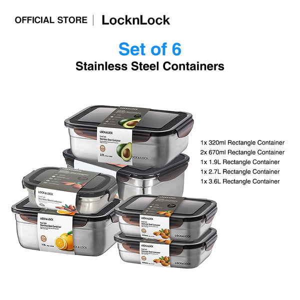 LocknLock Set of 6 Stainless Steel Food Containers | Airtight, Leak-proof, Non-toxic