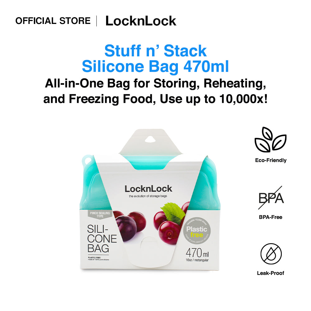 LocknLock Stuff n' Stack Silicone Food Bags | Food Grade, Reusable, Microwave-safe, Dishwasher-Safe, Eco-Friendly 470ml
