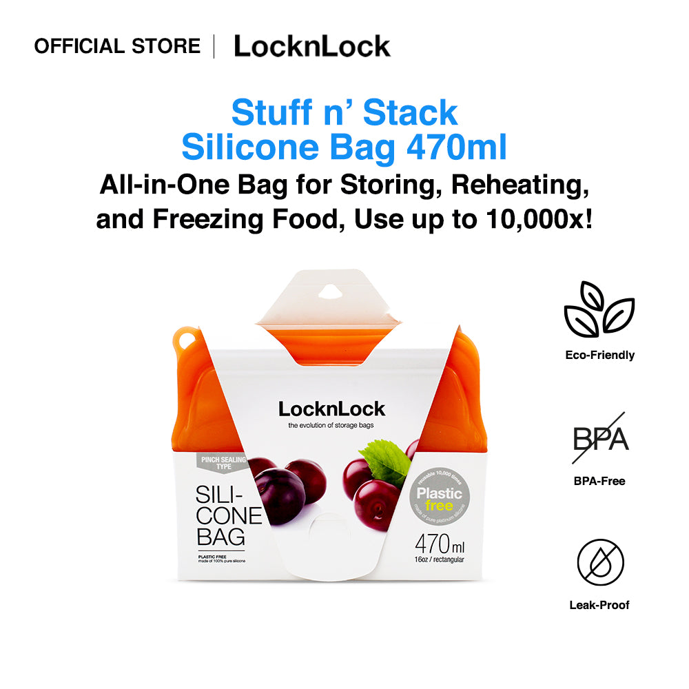 LocknLock Stuff n' Stack Silicone Food Bags | Food Grade, Reusable, Microwave-safe, Dishwasher-Safe, Eco-Friendly 470ml