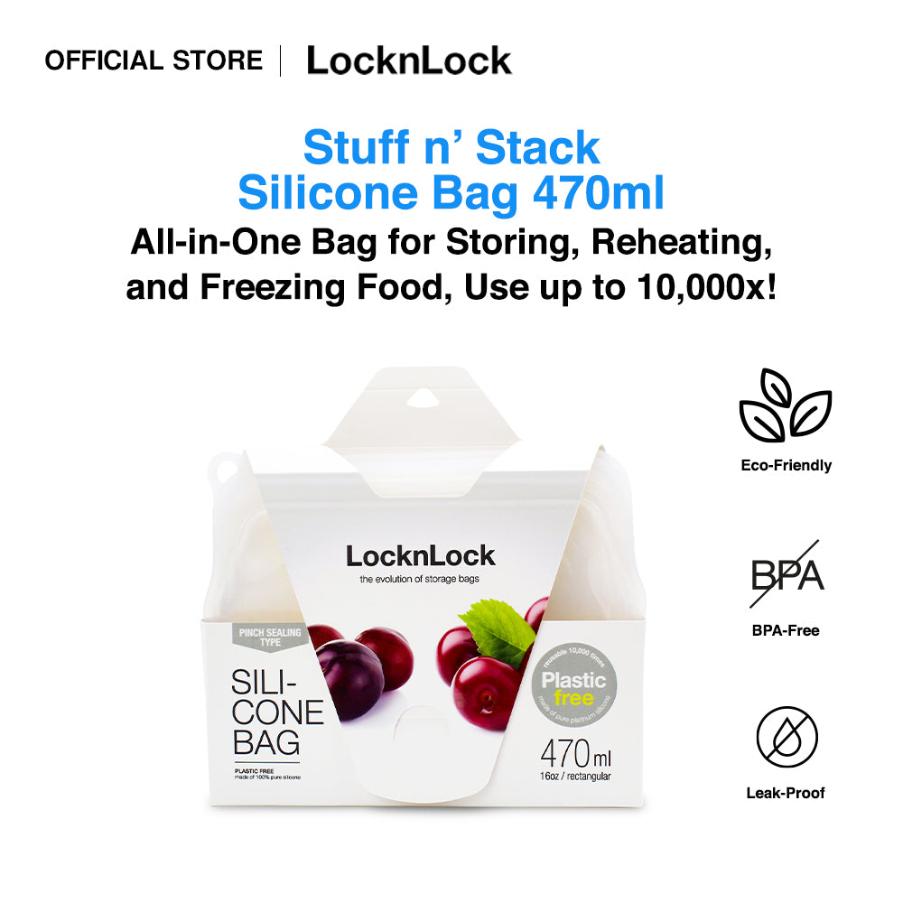 LocknLock Stuff n' Stack Silicone Food Bags | Food Grade, Reusable, Microwave-safe, Dishwasher-Safe, Eco-Friendly 470ml