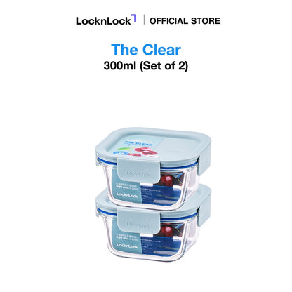 LocknLock Set of 2 The Clear Glass 300ml (Square) Airtight, Oven-Safe Glass