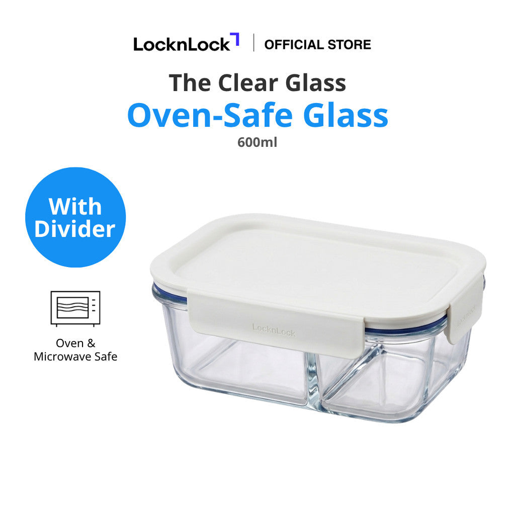 LocknLock The Clear Glass with Divider 600ml | Airtight, Oven-Safe Glass Containers