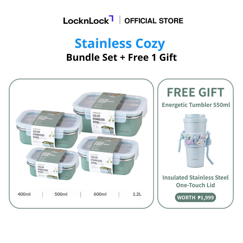 LocknLock Stainless Cozy Sage Green | Microwave-Safe Stainless Steel Food Container Bundle