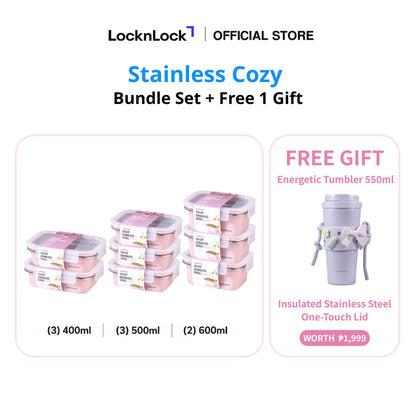 LocknLock Stainless Cozy Pink | Microwave-Safe Stainless Steel Food Container Bundle
