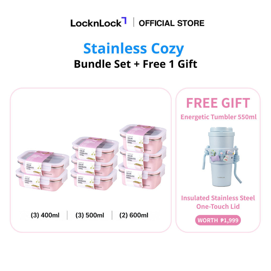 LocknLock Stainless Cozy Pink | Microwave-Safe Stainless Steel Food Container Bundle