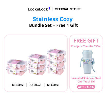 LocknLock Stainless Cozy Pink | Microwave-Safe Stainless Steel Food Container Bundle