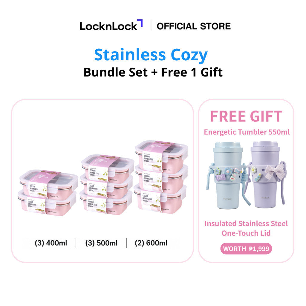 LocknLock Stainless Cozy Pink | Microwave-Safe Stainless Steel Food Container Bundle
