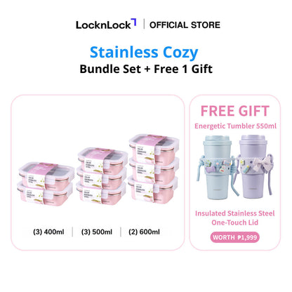 LocknLock Stainless Cozy Pink | Microwave-Safe Stainless Steel Food Container Bundle